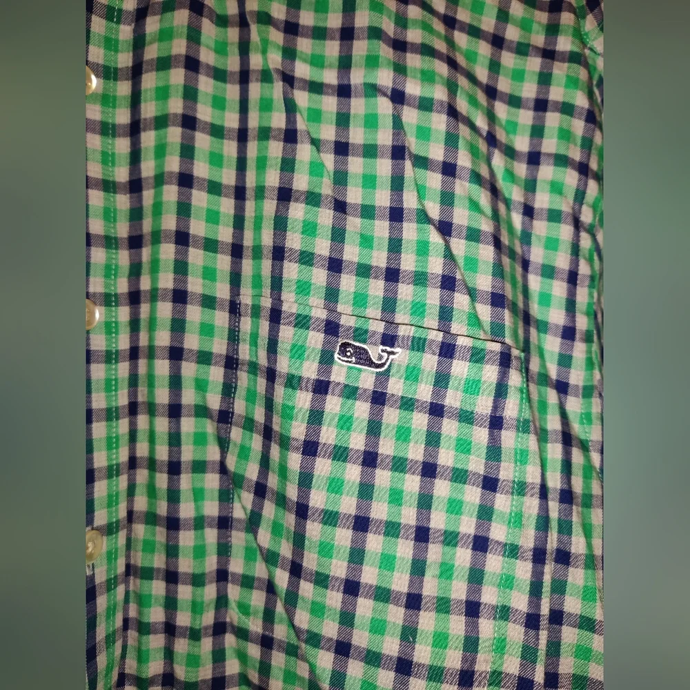Vineyard Vines Slim Fit Tucker Shirt Plaid Green Blue Cotton Long Sleeve Mens LG - Picture 2 of 4